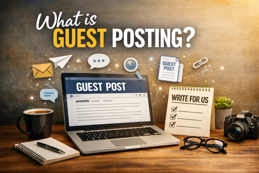 A laptop showing a guest post article with blog workspace icons and text “What is Guest Posting?” on a desk